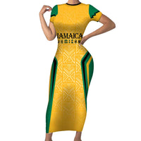 Jamaica Custom Family Matching Short Sleeve Bodycon Dress and Hawaiian Shirt Ethnic Motifs - Gold Accents - Wonder Print Shop