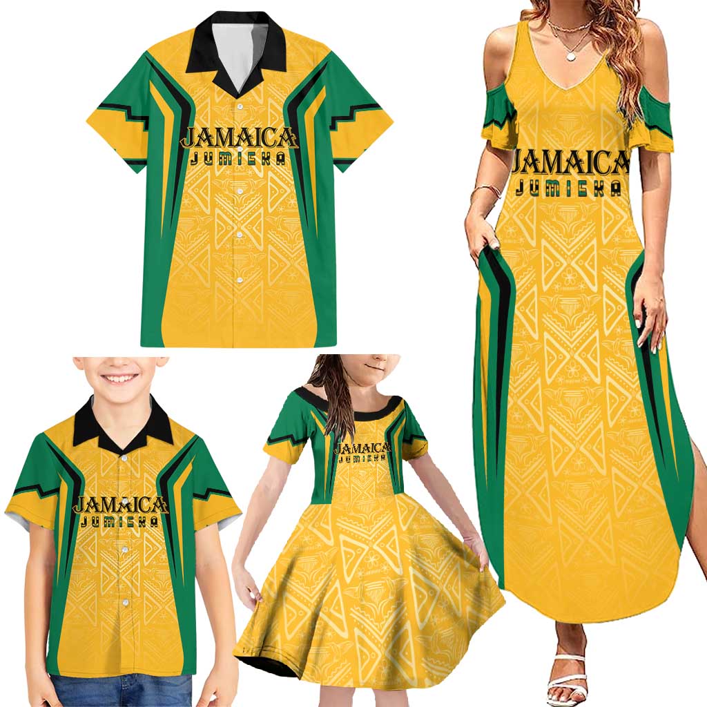Jamaica Custom Family Matching Summer Maxi Dress and Hawaiian Shirt Ethnic Motifs - Gold Accents - Wonder Print Shop