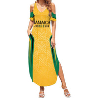 Jamaica Custom Family Matching Summer Maxi Dress and Hawaiian Shirt Ethnic Motifs - Gold Accents - Wonder Print Shop