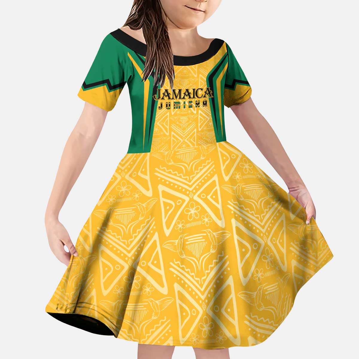 Jamaica Custom Kid Short Sleeve Dress Ethnic Motifs - Gold Accents - Wonder Print Shop