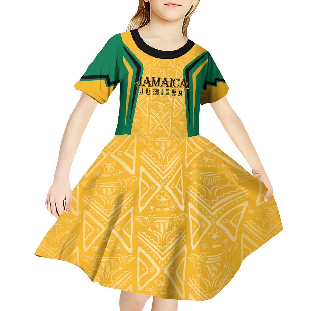 Jamaica Custom Kid Short Sleeve Dress Ethnic Motifs - Gold Accents - Wonder Print Shop