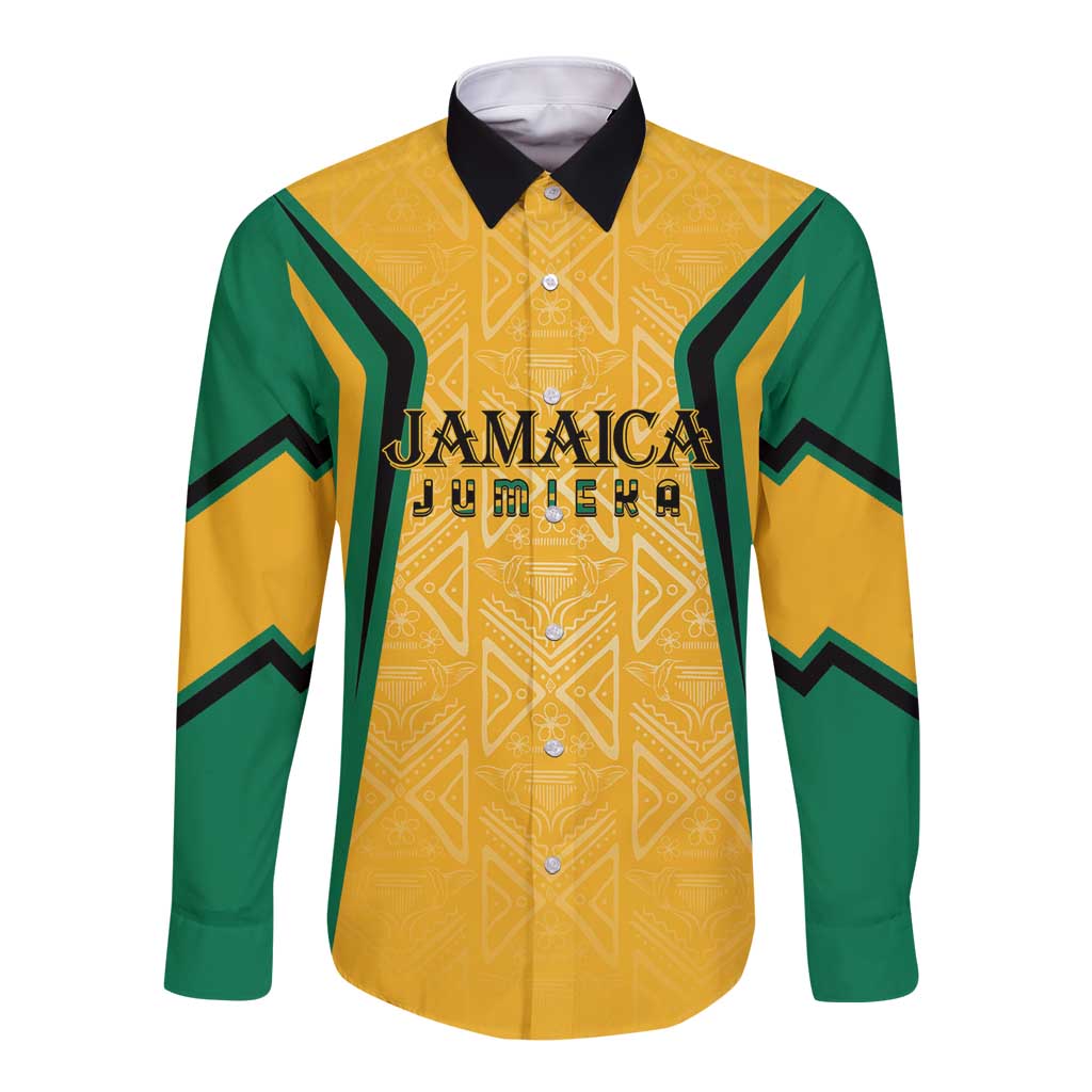 Jamaica Custom Long Sleeve Button Shirt Ethnic Motifs - Gold Accents - Wonder Print Shop