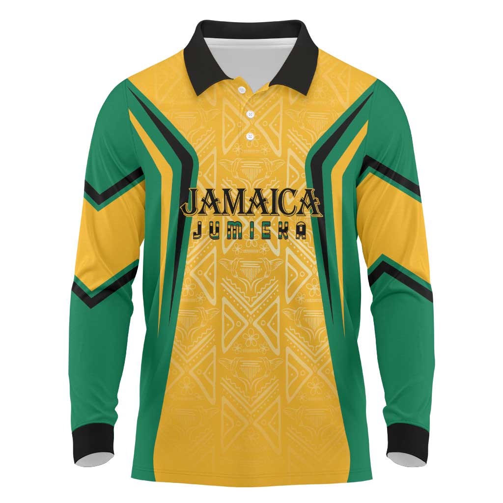 Jamaica Custom Long Sleeve Polo Shirt Ethnic Motifs - Gold Accents - Wonder Print Shop