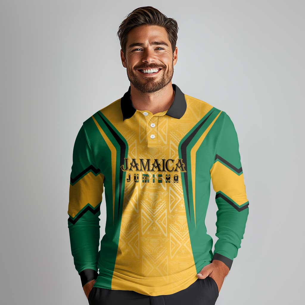 Jamaica Custom Long Sleeve Polo Shirt Ethnic Motifs - Gold Accents - Wonder Print Shop