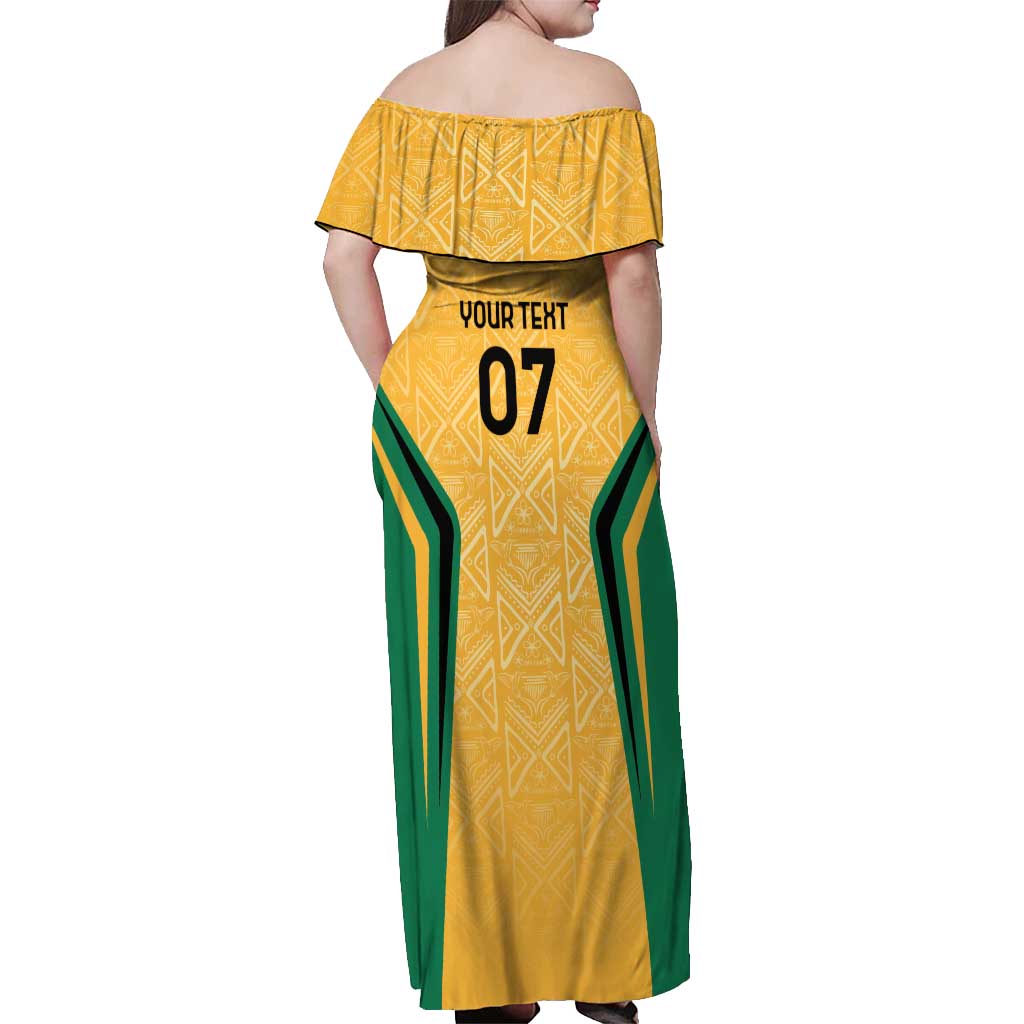 Jamaica Custom Off Shoulder Maxi Dress Ethnic Motifs - Gold Accents - Wonder Print Shop