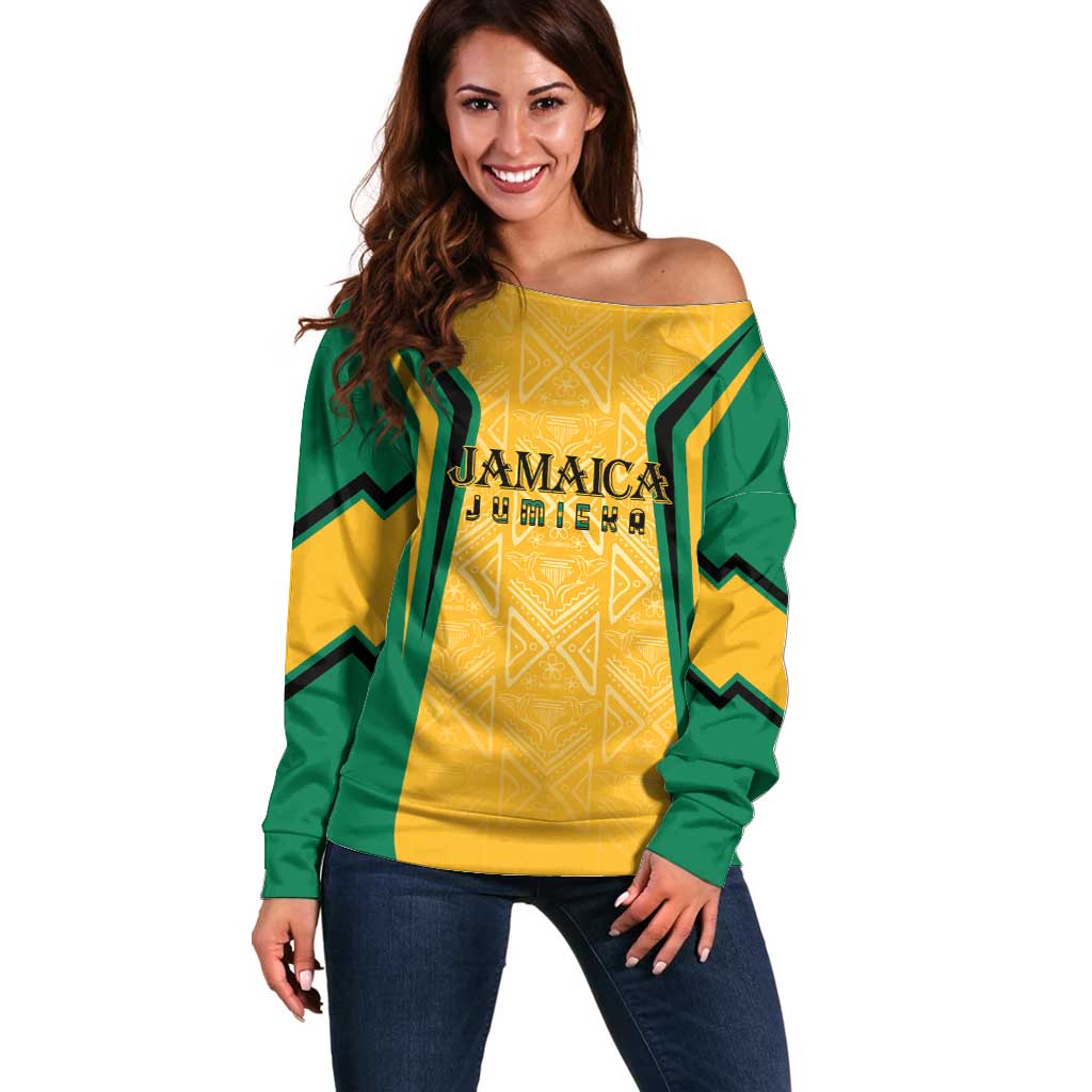 Jamaica Custom Off Shoulder Sweater Ethnic Motifs - Gold Accents - Wonder Print Shop