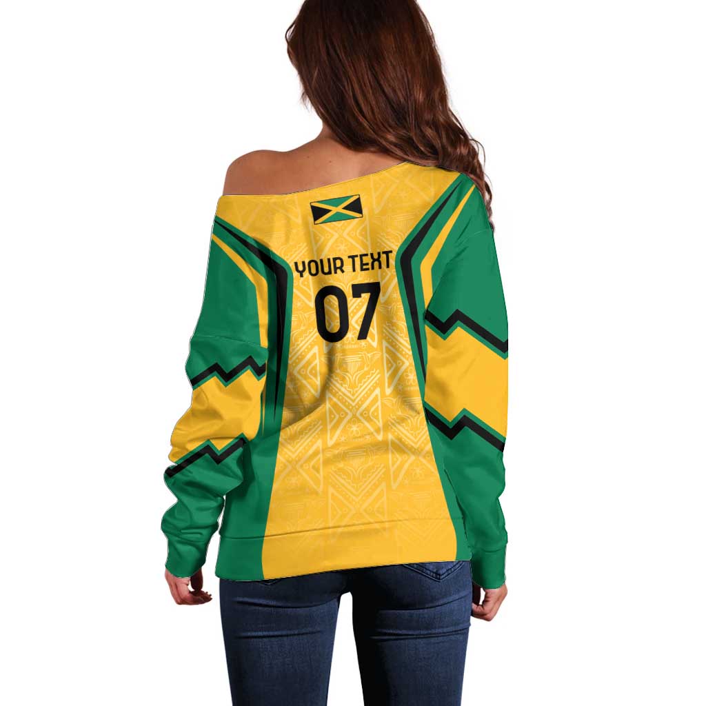 Jamaica Custom Off Shoulder Sweater Ethnic Motifs - Gold Accents - Wonder Print Shop