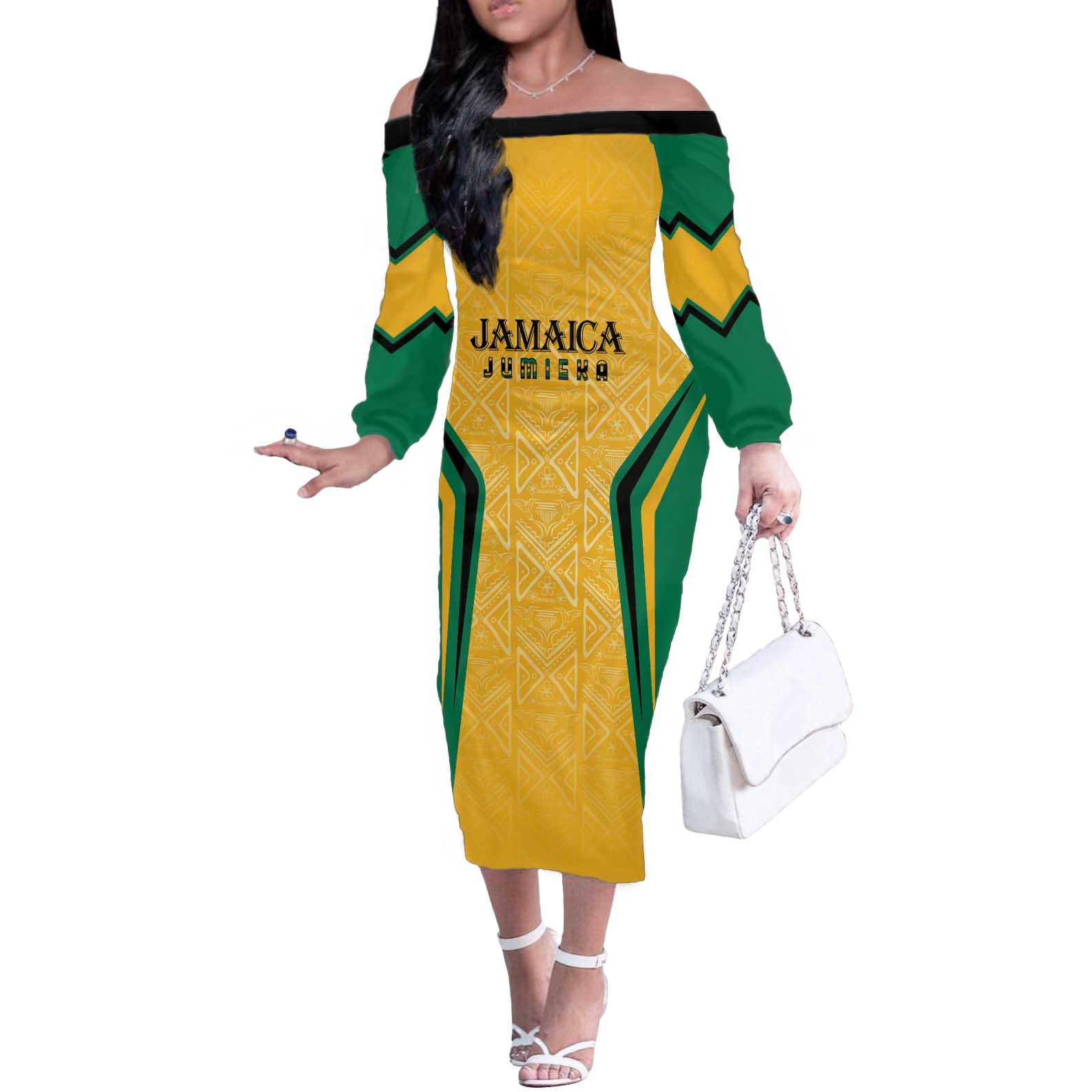 Jamaica Custom Off The Shoulder Long Sleeve Dress Ethnic Motifs - Gold Accents - Wonder Print Shop