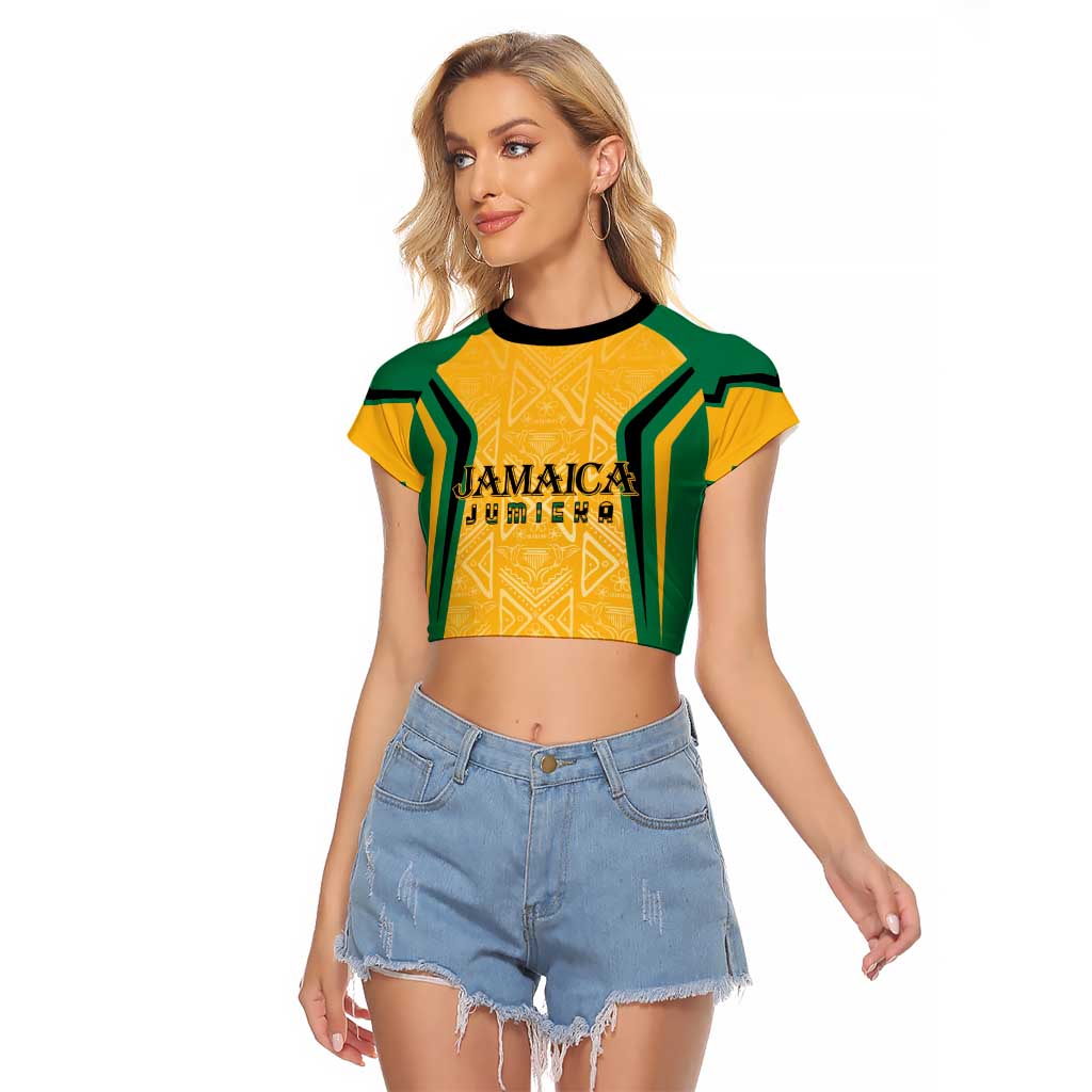 Jamaica Custom Raglan Cropped T Shirt Ethnic Motifs - Gold Accents - Wonder Print Shop