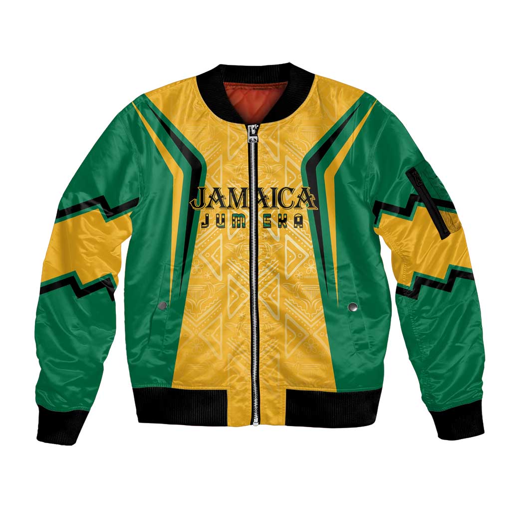 Jamaica Custom Sleeve Zip Bomber Jacket Ethnic Motifs - Gold Accents - Wonder Print Shop
