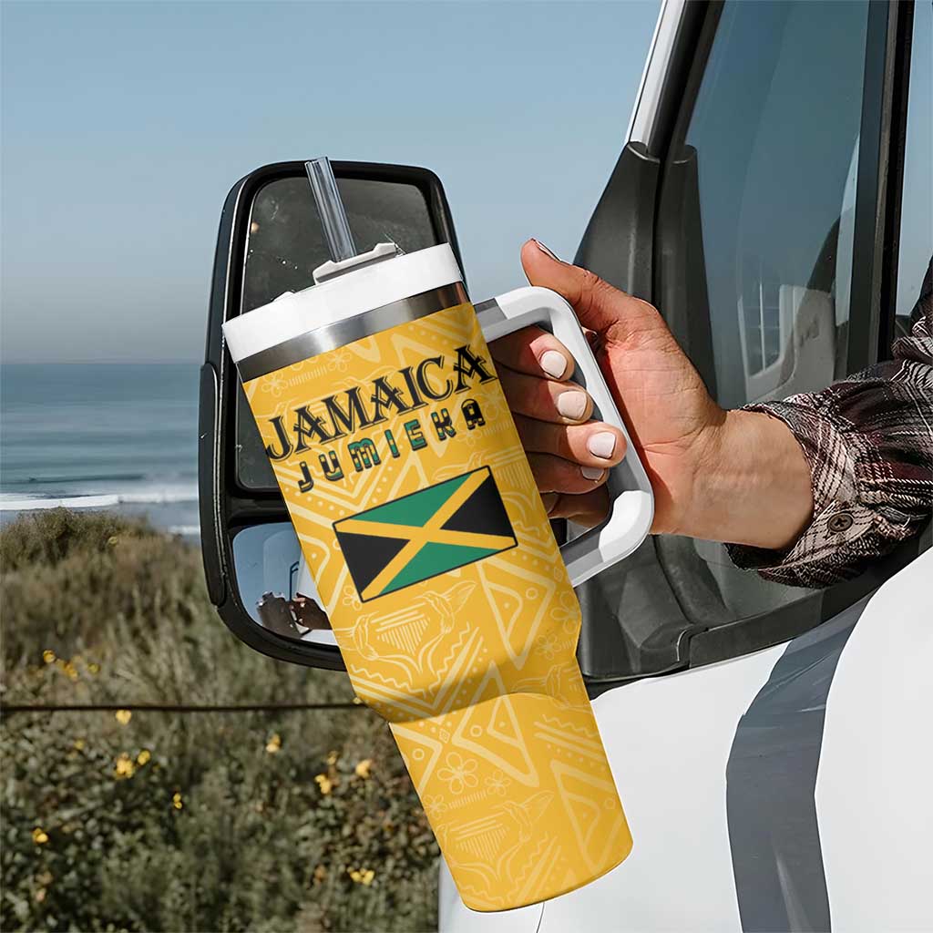 Jamaica Custom Tumbler With Handle Ethnic Motifs - Gold Accents - Wonder Print Shop