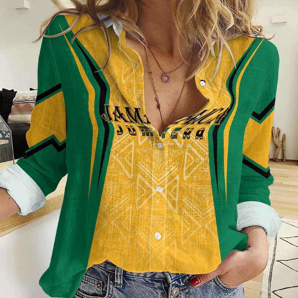 Jamaica Custom Women Casual Shirt Ethnic Motifs - Gold Accents - Wonder Print Shop