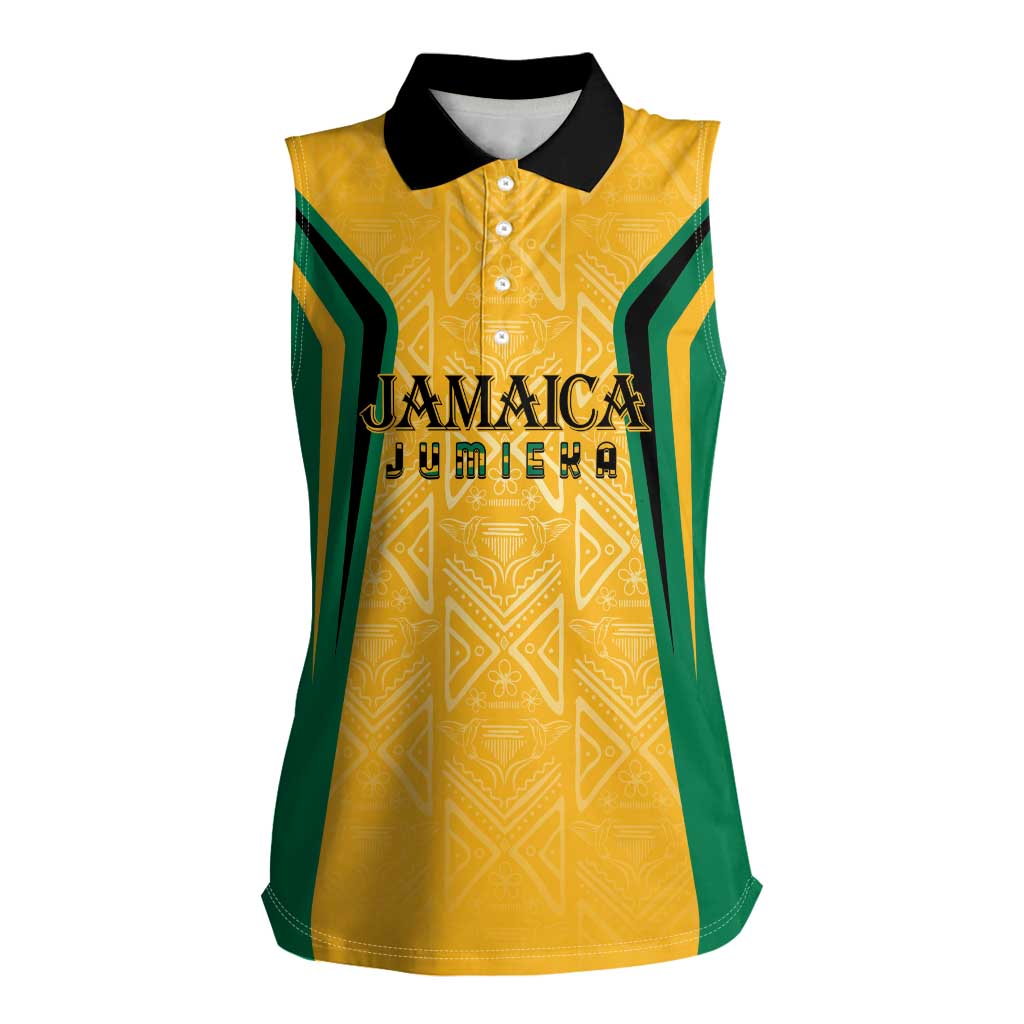 Jamaica Custom Women Sleeveless Polo Shirt Ethnic Motifs - Gold Accents - Wonder Print Shop