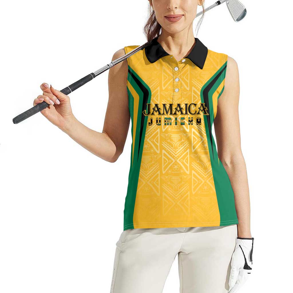 Jamaica Custom Women Sleeveless Polo Shirt Ethnic Motifs - Gold Accents - Wonder Print Shop