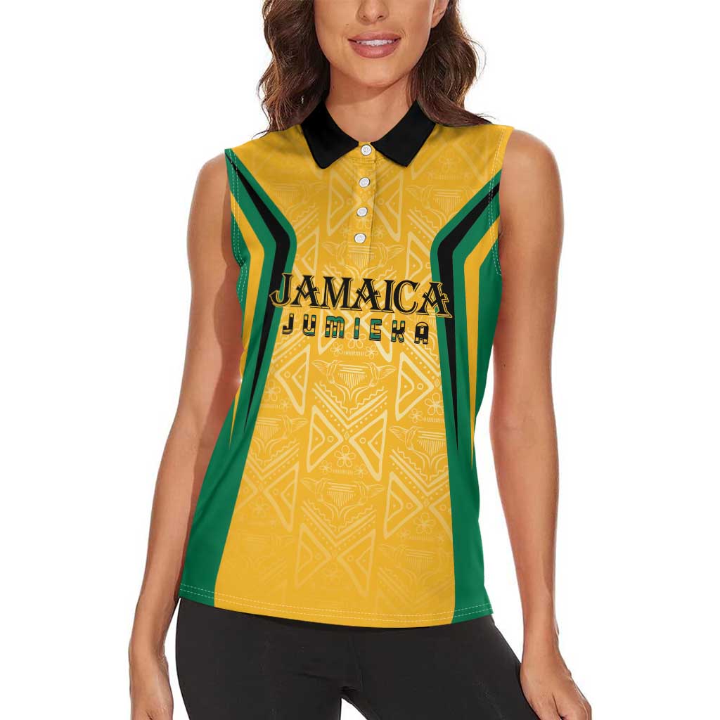 Jamaica Custom Women Sleeveless Polo Shirt Ethnic Motifs - Gold Accents - Wonder Print Shop