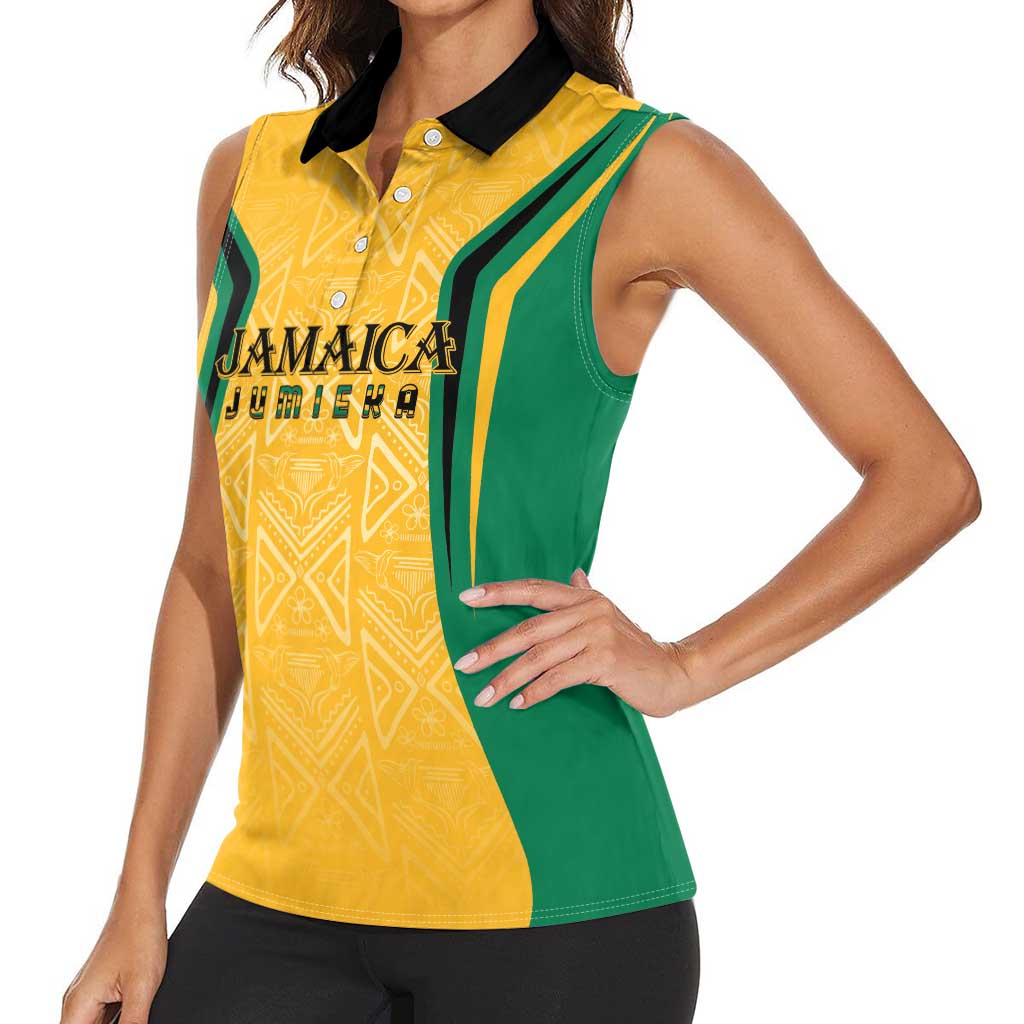 Jamaica Custom Women Sleeveless Polo Shirt Ethnic Motifs - Gold Accents - Wonder Print Shop