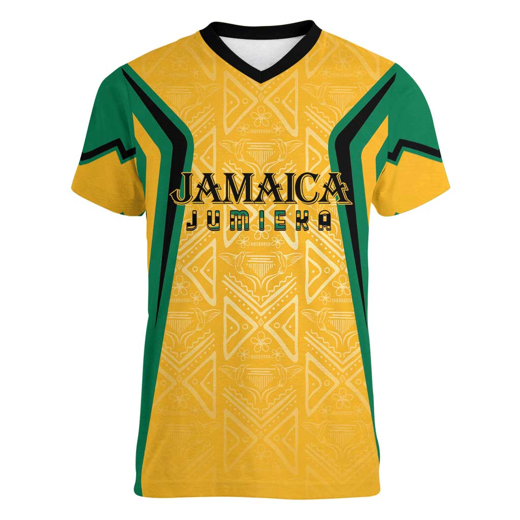 Jamaica Custom Women V-Neck T-Shirt Ethnic Motifs - Gold Accents - Wonder Print Shop