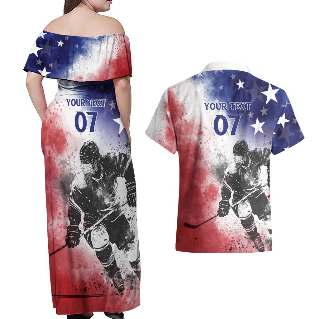 USA Ice Hockey Custom Couples Matching Off Shoulder Maxi Dress and Hawaiian Shirt Splash Art Abstract Style