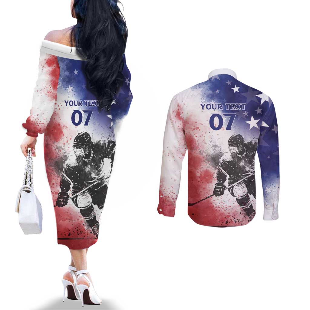 USA Ice Hockey Custom Couples Matching Off The Shoulder Long Sleeve Dress and Long Sleeve Button Shirt Splash Art Abstract Style