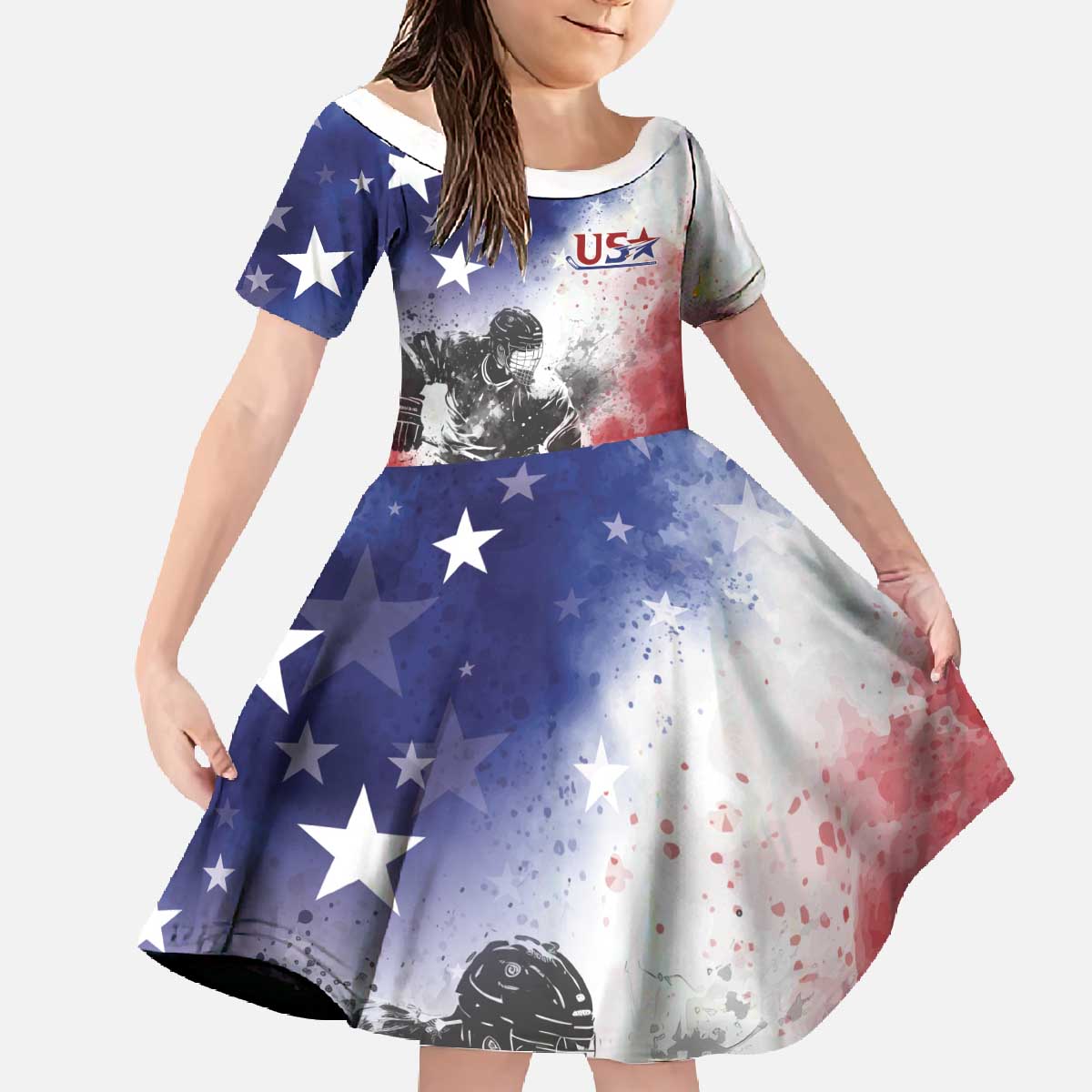 USA Ice Hockey Custom Family Matching Off The Shoulder Long Sleeve Dress and Hawaiian Shirt Splash Art Abstract Style
