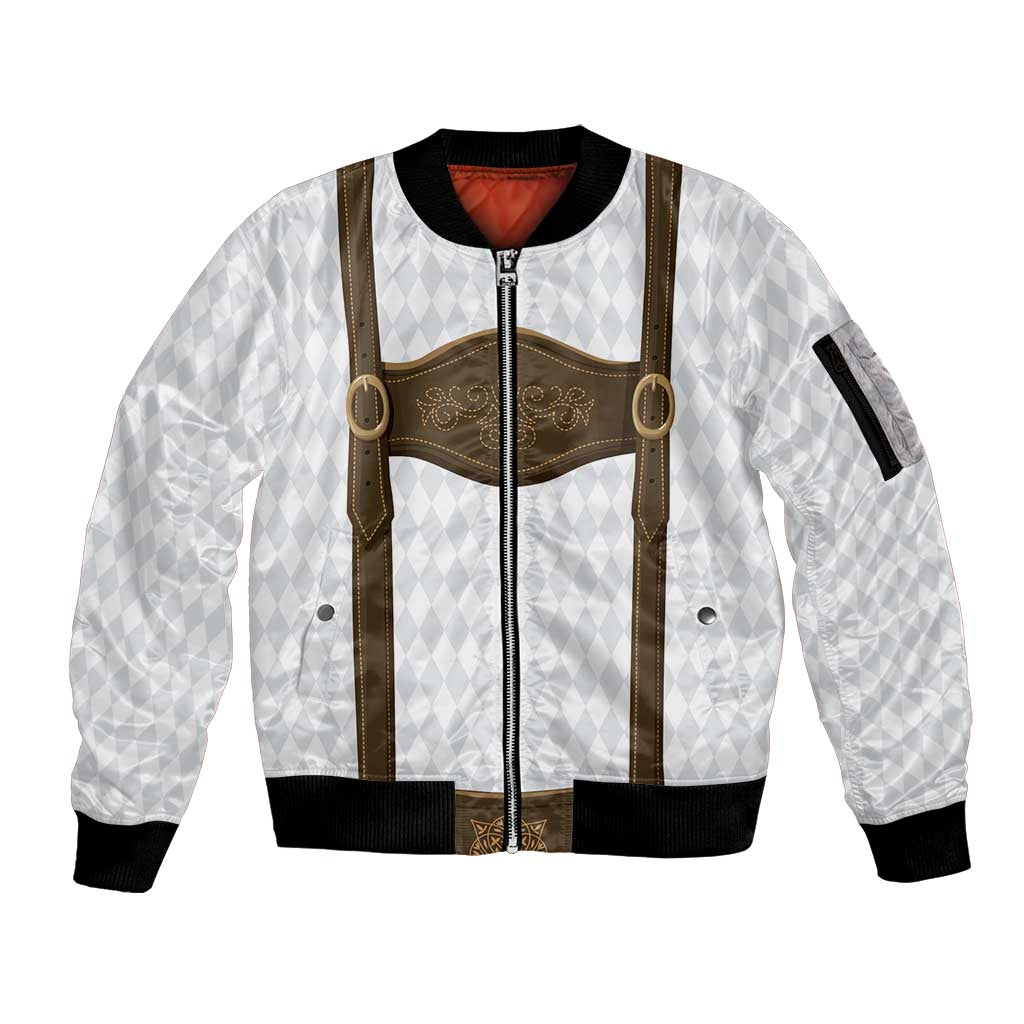 Germany Trachten Lederhose Inspired Sleeve Zip Bomber Jacket Washed Brown