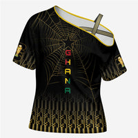 Ghana Black Star Custom Cross Shoulder Shirt Gold Ananse Spiderweb Inspired