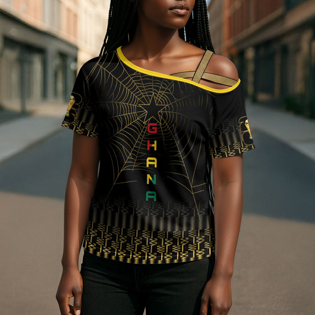 Ghana Black Star Custom Cross Shoulder Shirt Gold Ananse Spiderweb Inspired