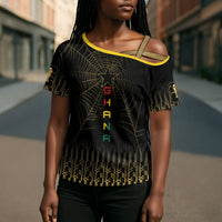 Ghana Black Star Custom Cross Shoulder Shirt Gold Ananse Spiderweb Inspired