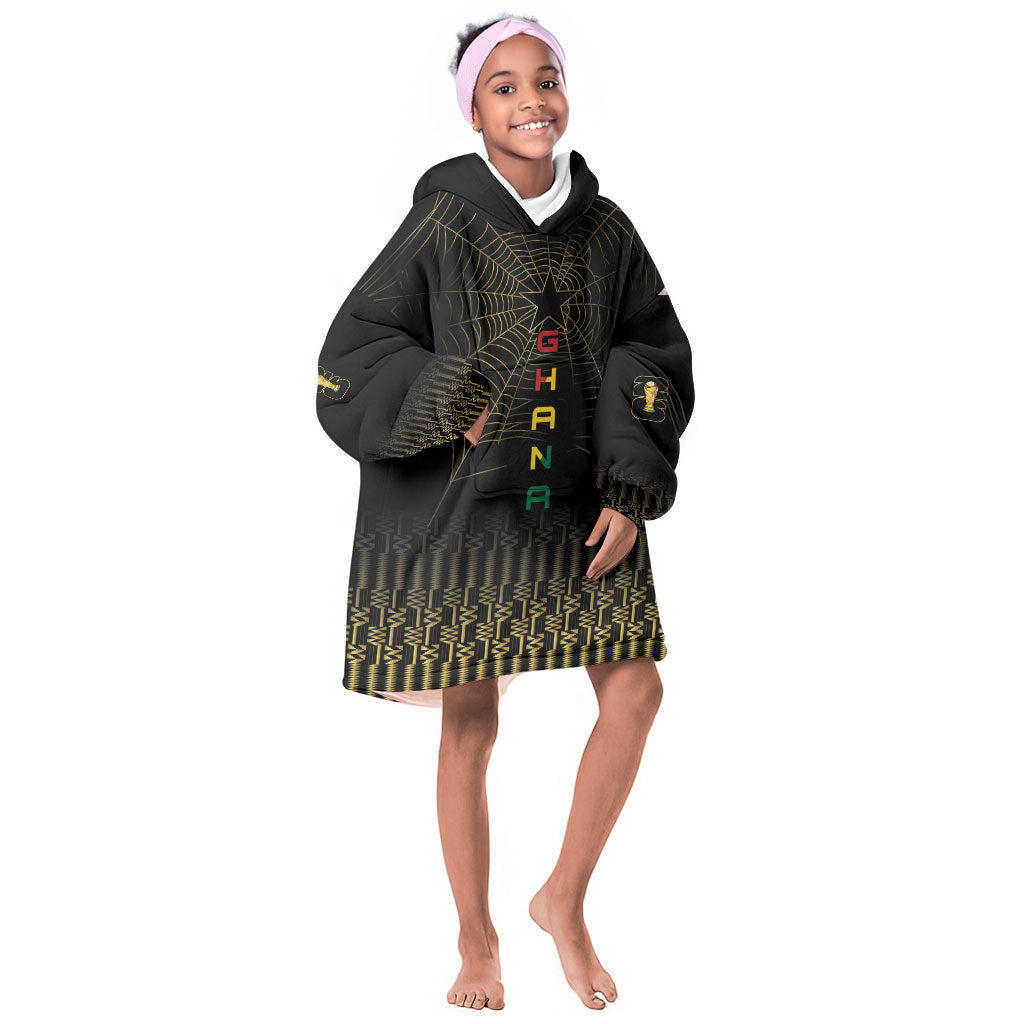 Ghana Black Star Custom Kid Wearable Blanket Hoodie Gold Ananse Spiderweb Inspired
