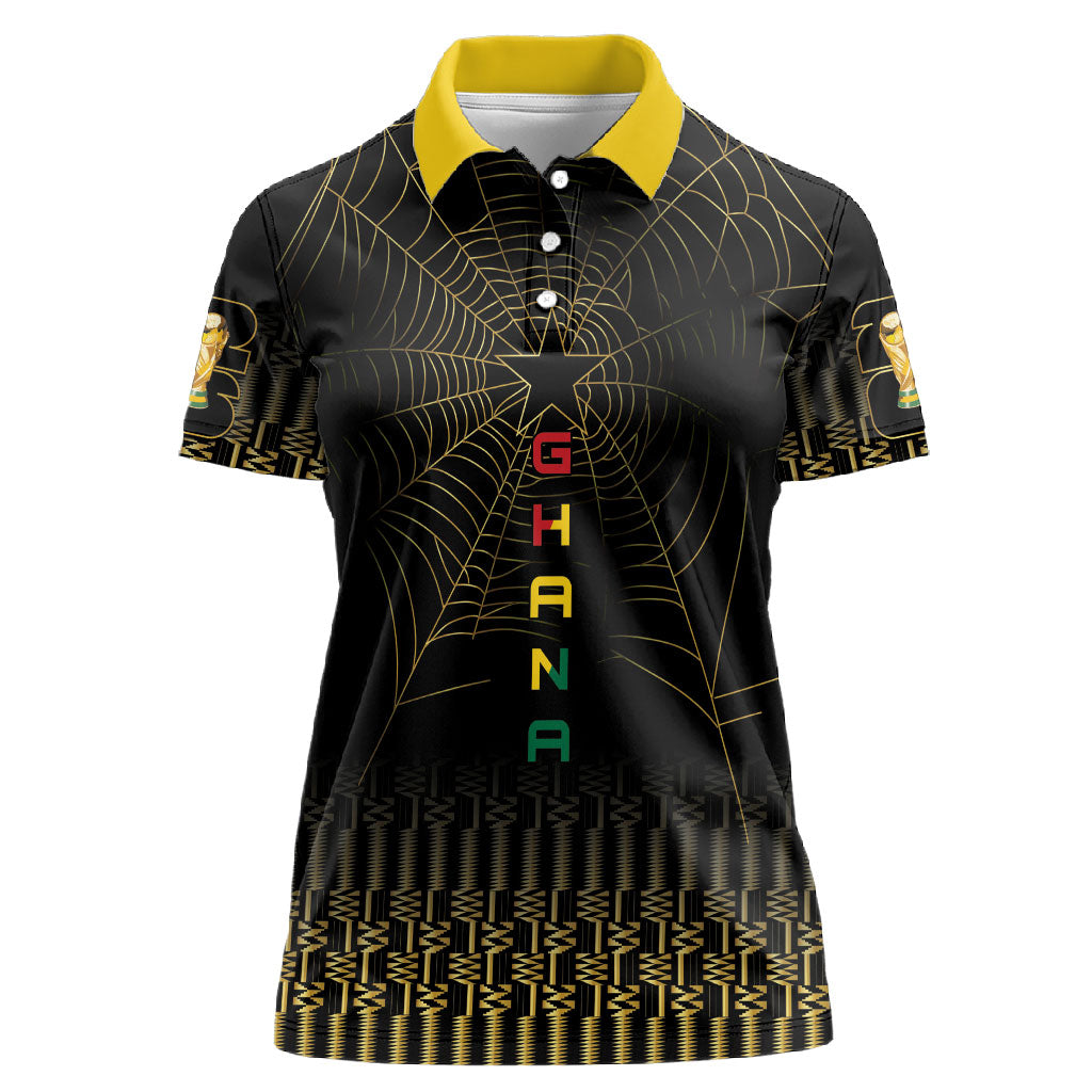 Ghana Black Star Custom Women Polo Shirt Gold Ananse Spiderweb Inspired