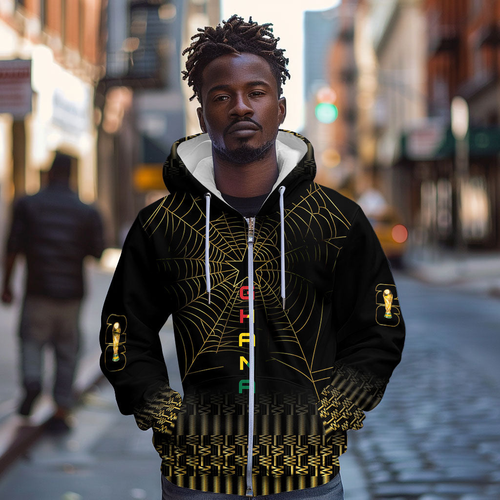 Ghana Black Star Custom Zip Hoodie Gold Ananse Spiderweb Inspired