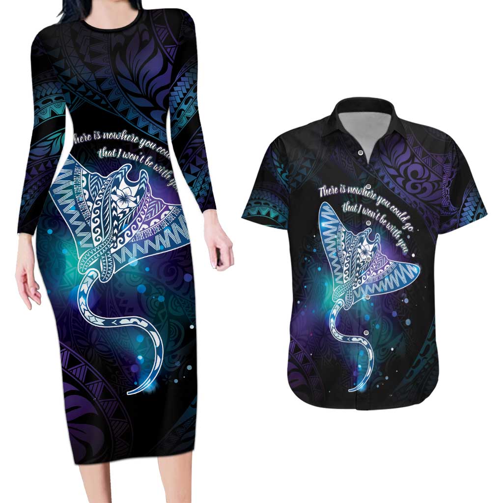 Polynesian Tala Manta Ray Couples Matching Long Sleeve Bodycon Dress and Hawaiian Shirt Nowhere You Could Go That I Won't Be With You - Wonder Print Shop