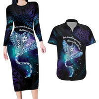 Polynesian Tala Manta Ray Couples Matching Long Sleeve Bodycon Dress and Hawaiian Shirt Nowhere You Could Go That I Won't Be With You - Wonder Print Shop