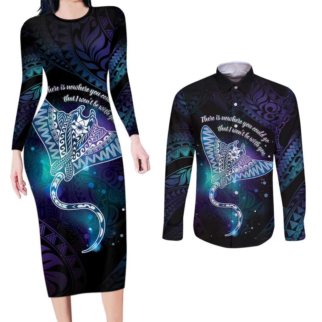 Polynesian Tala Manta Ray Couples Matching Long Sleeve Bodycon Dress and Long Sleeve Button Shirt Nowhere You Could Go That I Won't Be With You - Wonder Print Shop