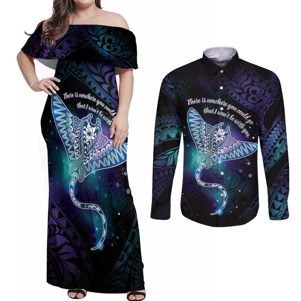 Polynesian Tala Manta Ray Couples Matching Off Shoulder Maxi Dress and Long Sleeve Button Shirt Nowhere You Could Go That I Won't Be With You - Wonder Print Shop