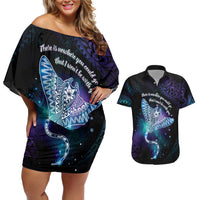 Polynesian Tala Manta Ray Couples Matching Off Shoulder Short Dress and Hawaiian Shirt Nowhere You Could Go That I Won't Be With You - Wonder Print Shop