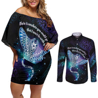 Polynesian Tala Manta Ray Couples Matching Off Shoulder Short Dress and Long Sleeve Button Shirt Nowhere You Could Go That I Won't Be With You - Wonder Print Shop