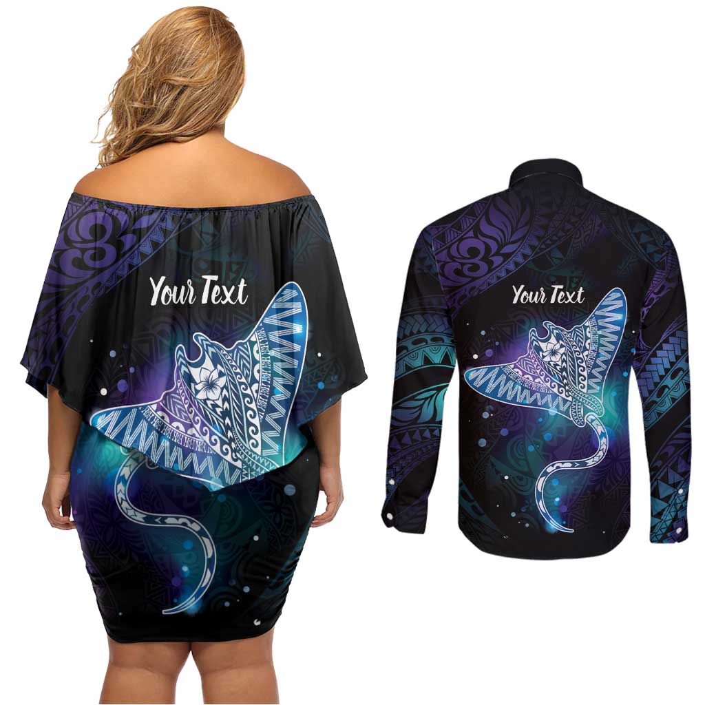 Polynesian Tala Manta Ray Couples Matching Off Shoulder Short Dress and Long Sleeve Button Shirt Nowhere You Could Go That I Won't Be With You - Wonder Print Shop