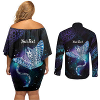 Polynesian Tala Manta Ray Couples Matching Off Shoulder Short Dress and Long Sleeve Button Shirt Nowhere You Could Go That I Won't Be With You - Wonder Print Shop