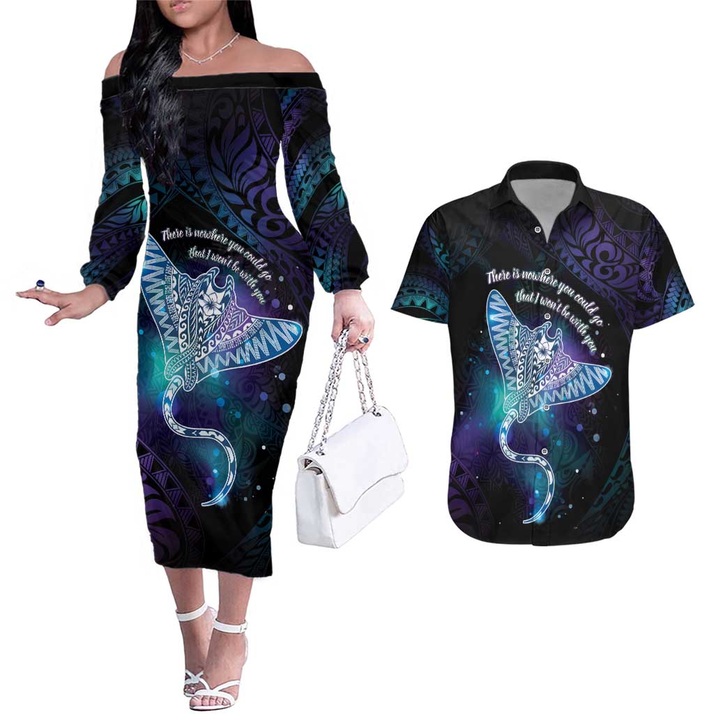 Polynesian Tala Manta Ray Couples Matching Off The Shoulder Long Sleeve Dress and Hawaiian Shirt Nowhere You Could Go That I Won't Be With You - Wonder Print Shop