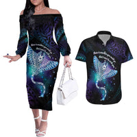 Polynesian Tala Manta Ray Couples Matching Off The Shoulder Long Sleeve Dress and Hawaiian Shirt Nowhere You Could Go That I Won't Be With You - Wonder Print Shop