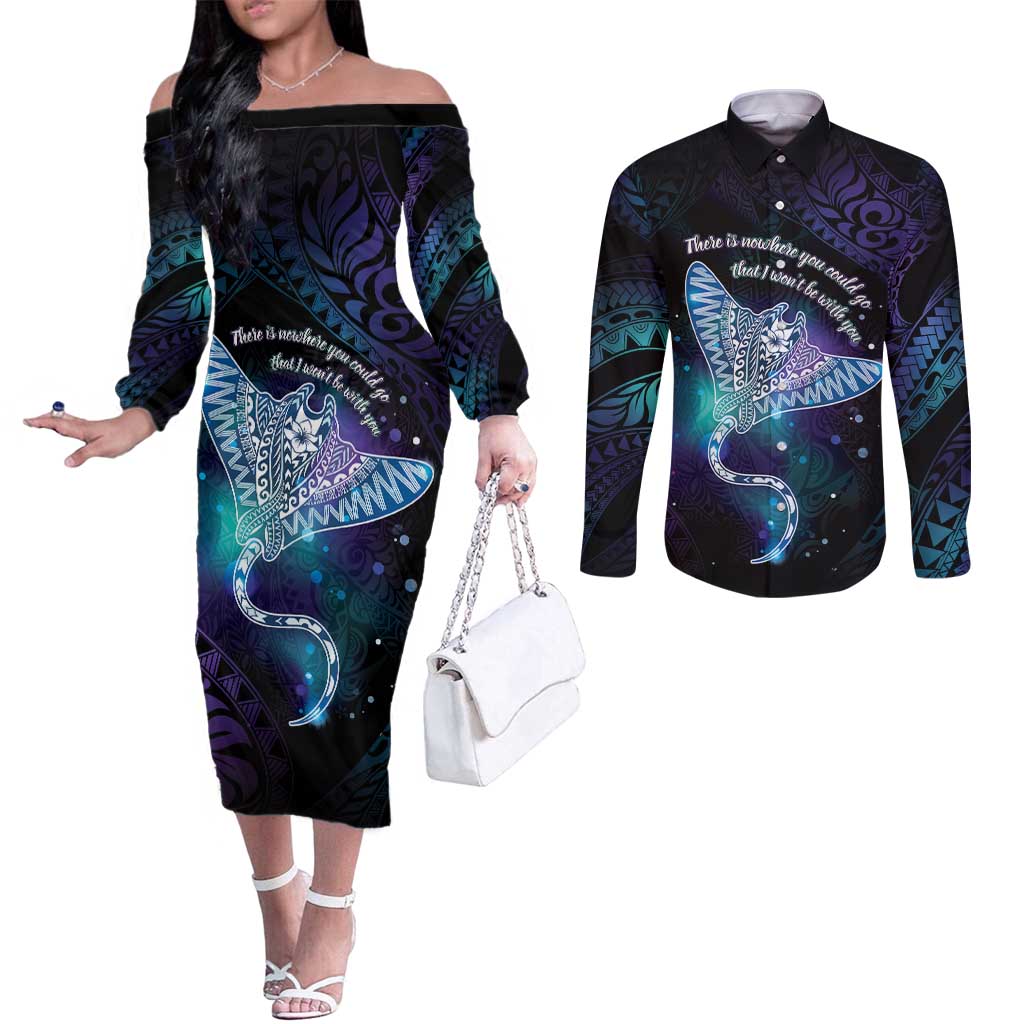 Polynesian Tala Manta Ray Couples Matching Off The Shoulder Long Sleeve Dress and Long Sleeve Button Shirt Nowhere You Could Go That I Won't Be With You - Wonder Print Shop