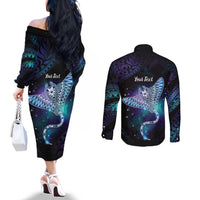 Polynesian Tala Manta Ray Couples Matching Off The Shoulder Long Sleeve Dress and Long Sleeve Button Shirt Nowhere You Could Go That I Won't Be With You - Wonder Print Shop