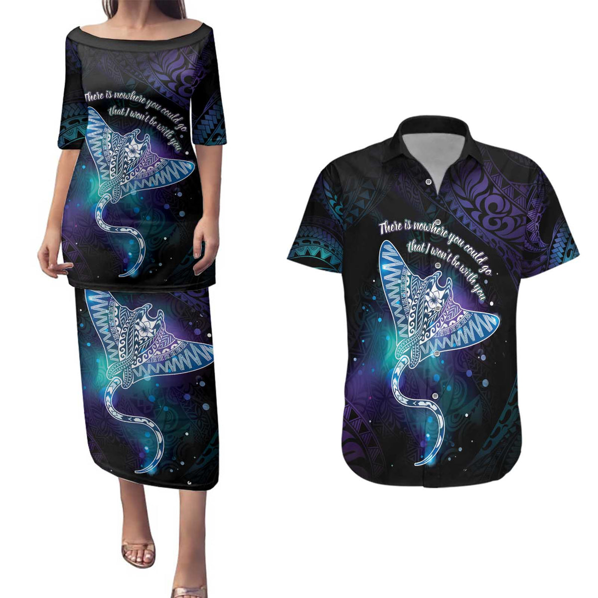 Polynesian Tala Manta Ray Couples Matching Puletasi and Hawaiian Shirt Nowhere You Could Go That I Won't Be With You - Wonder Print Shop