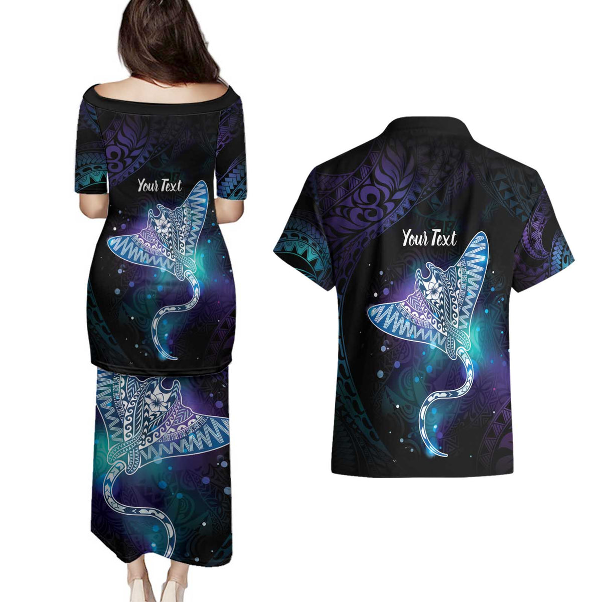 Polynesian Tala Manta Ray Couples Matching Puletasi and Hawaiian Shirt Nowhere You Could Go That I Won't Be With You - Wonder Print Shop