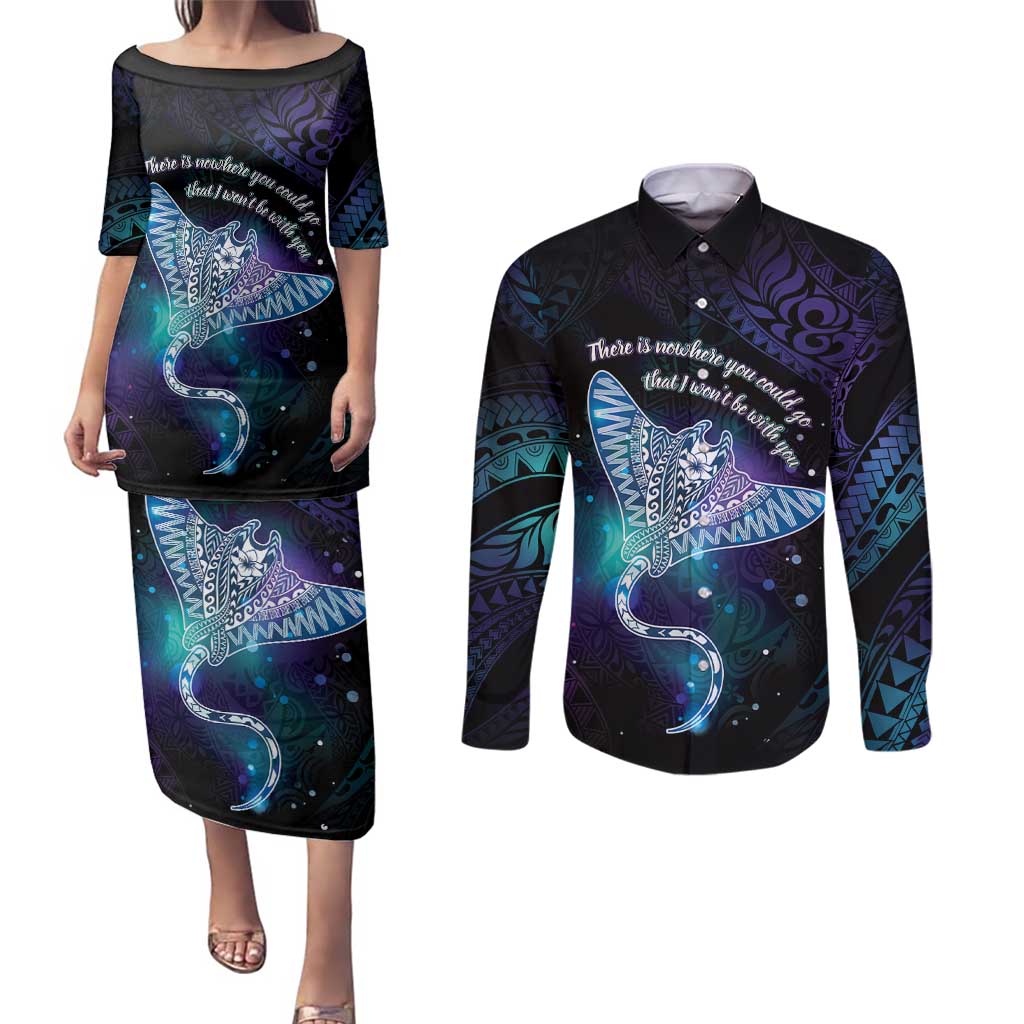 Polynesian Tala Manta Ray Couples Matching Puletasi and Long Sleeve Button Shirt Nowhere You Could Go That I Won't Be With You - Wonder Print Shop