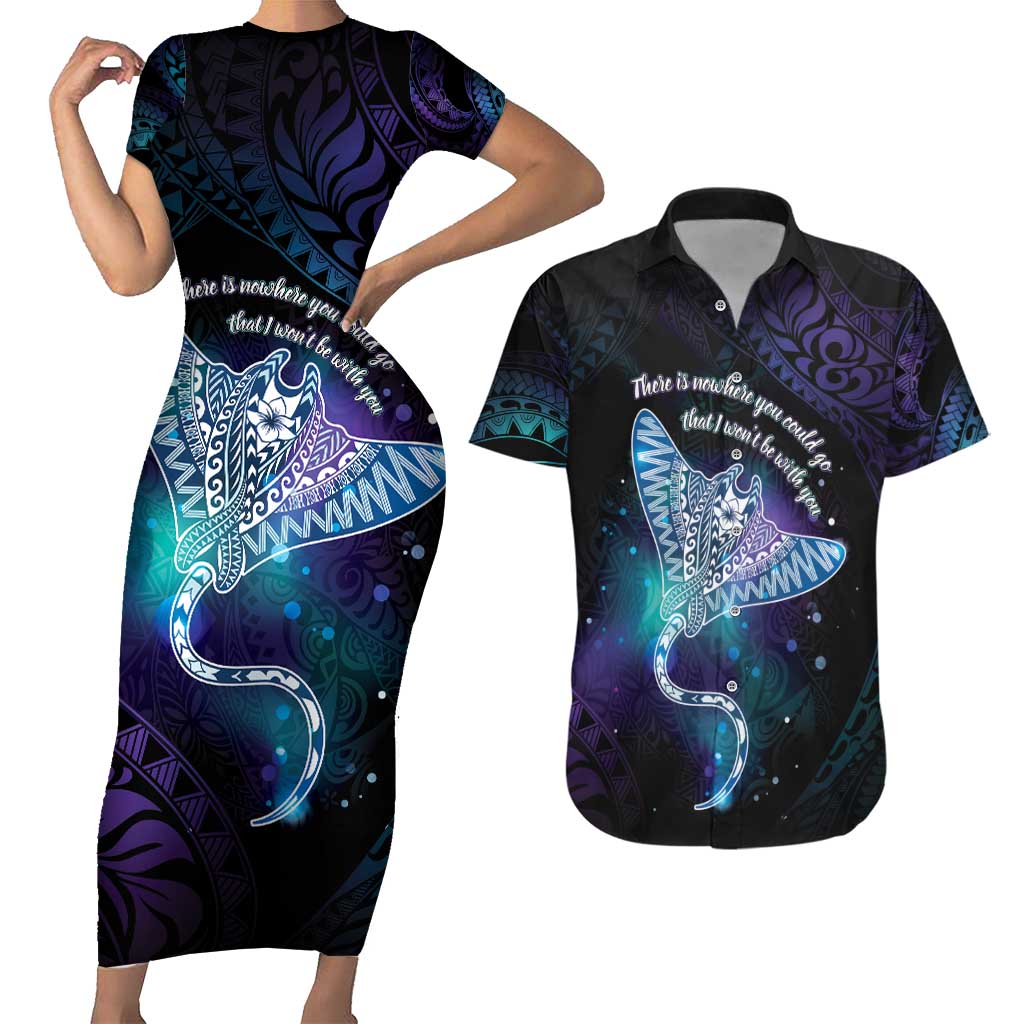 Polynesian Tala Manta Ray Couples Matching Short Sleeve Bodycon Dress and Hawaiian Shirt Nowhere You Could Go That I Won't Be With You - Wonder Print Shop