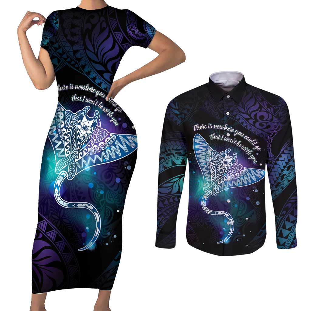 Polynesian Tala Manta Ray Couples Matching Short Sleeve Bodycon Dress and Long Sleeve Button Shirt Nowhere You Could Go That I Won't Be With You - Wonder Print Shop