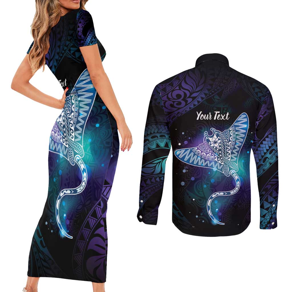 Polynesian Tala Manta Ray Couples Matching Short Sleeve Bodycon Dress and Long Sleeve Button Shirt Nowhere You Could Go That I Won't Be With You - Wonder Print Shop