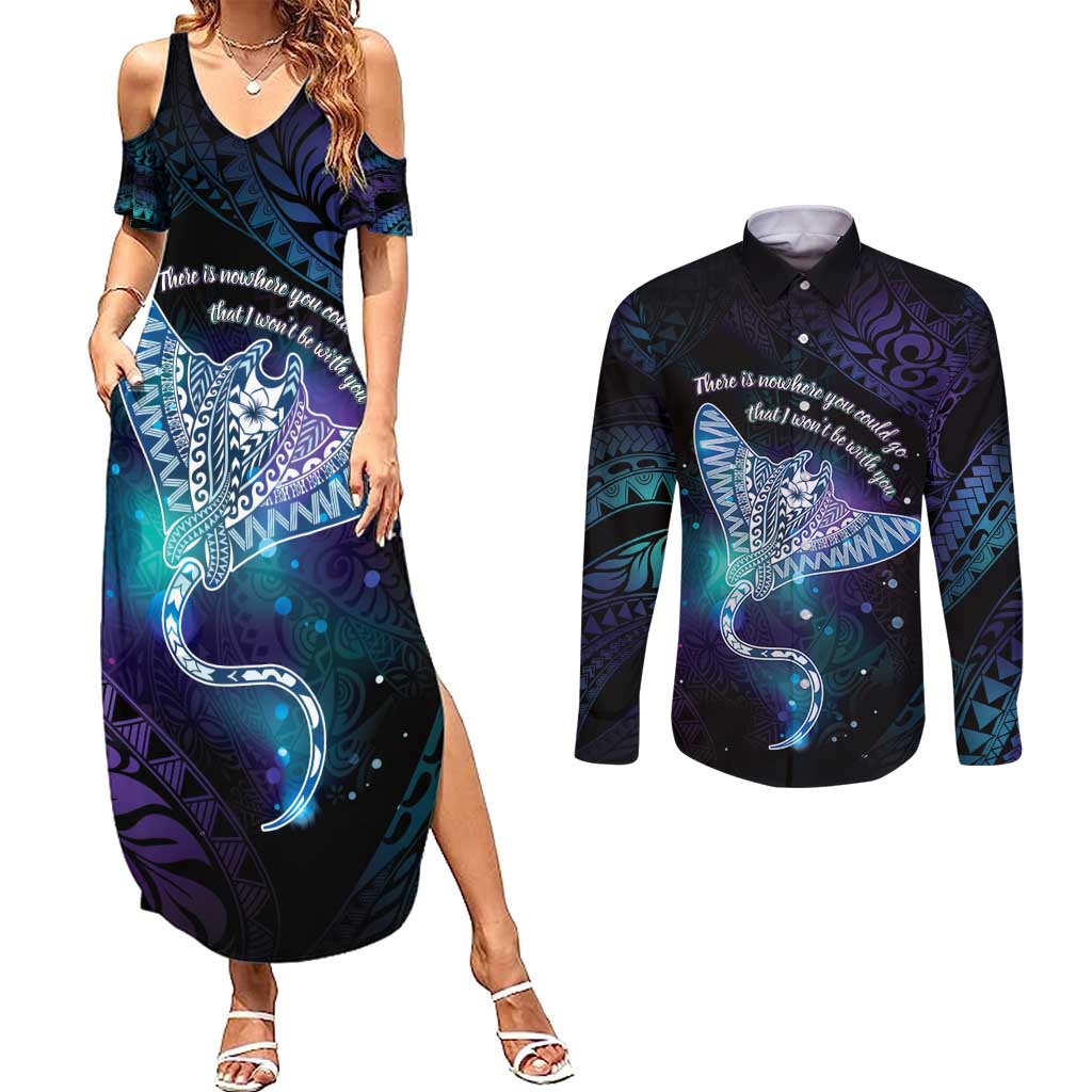 Polynesian Tala Manta Ray Couples Matching Summer Maxi Dress and Long Sleeve Button Shirt Nowhere You Could Go That I Won't Be With You - Wonder Print Shop